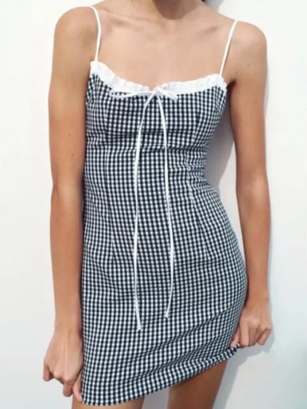 NWOT ZARA Mini COMBINATION GINGHAM DRESS Navy blue White Lace Bow Check Summer